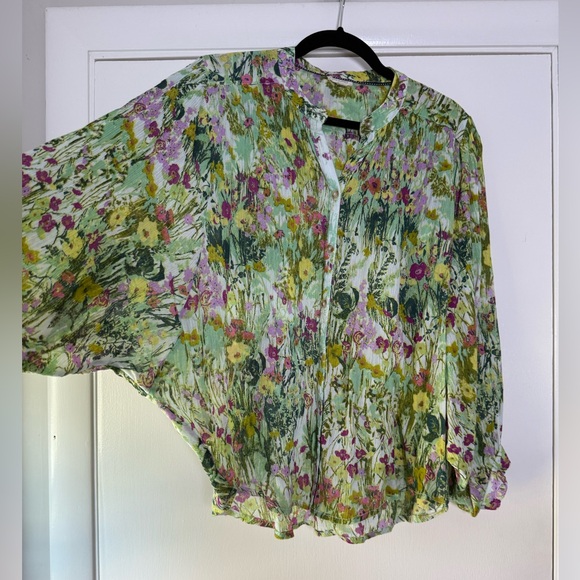 Pilcro Anthropologie Sidney Batwing Blouse Green Purple Watercolor Floral Medium - Picture 6 of 11